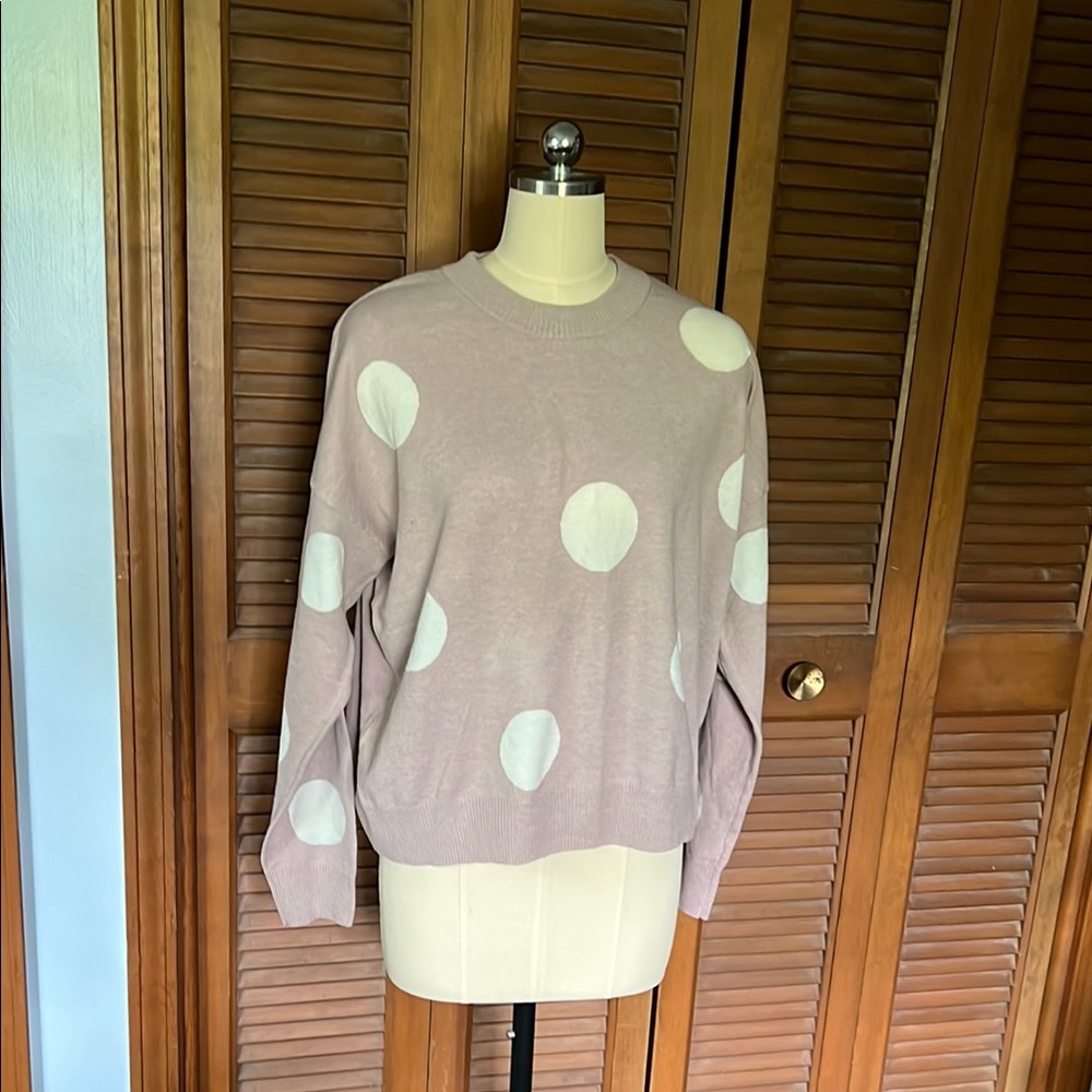 T Tahari Pink and White Polka Dot Crew Neck Sweater